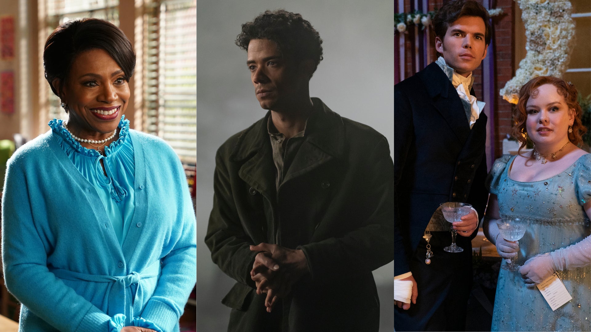 Sheryl Lee Ralph en Abbott Elementary; Jacob Anderson en la entrevista con el vampiro; Luke Newton y Nicola Coughlan en Bridgerton 
