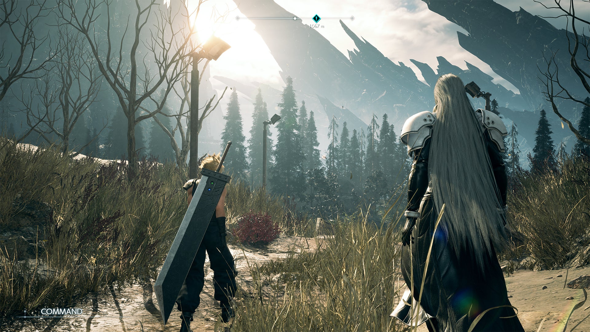 Sephiroth y Cloud ascienden al Monte Nibel mientras picos irregulares se ciernen delante.