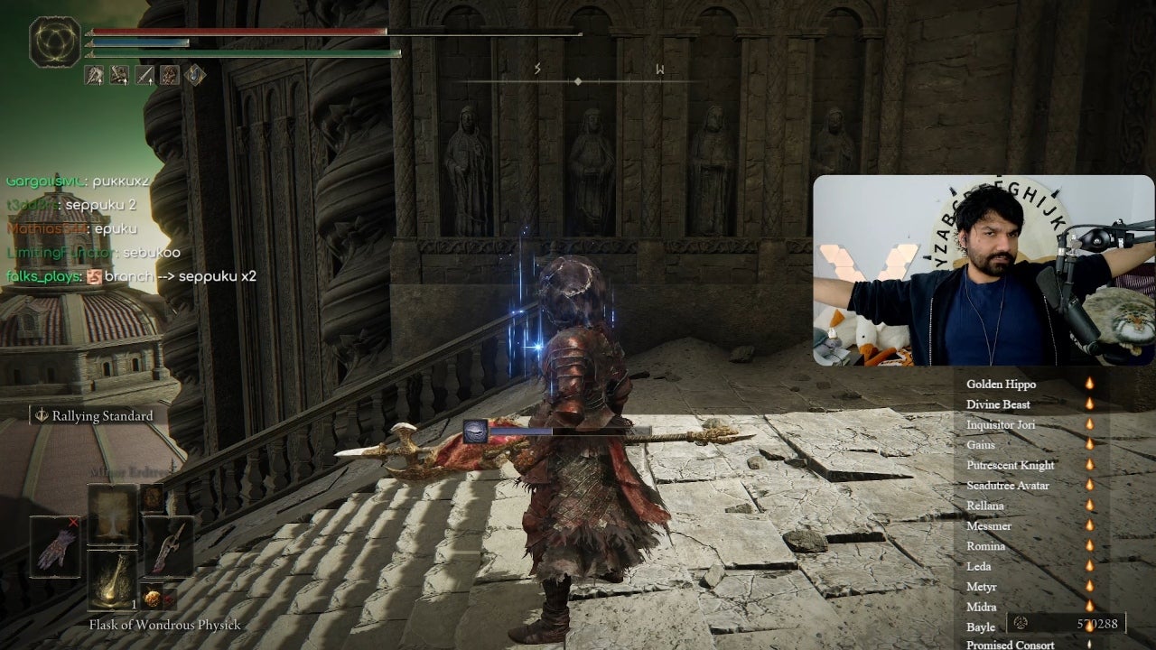 Una captura de pantalla del streamer Ainrun antes de mejorar su personaje a Elden Ring: La sombra del jefe final de Erdtree.