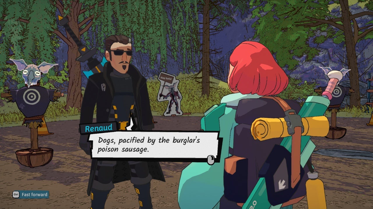 Una captura de pantalla de Luisa hablando con Renaud, uno de los asesinos más excéntricos de Dungeons of Hinterberg.