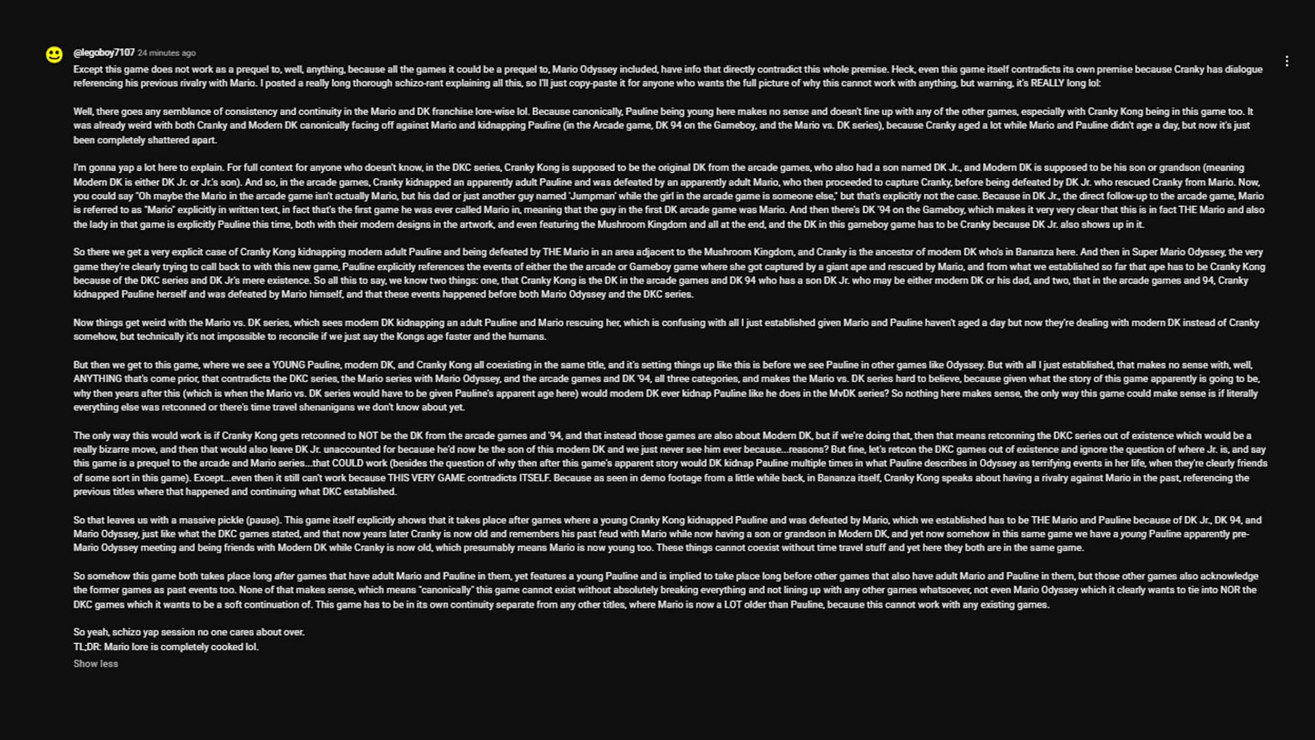 Un gran comentario en YouTube sobre la historia de DK.