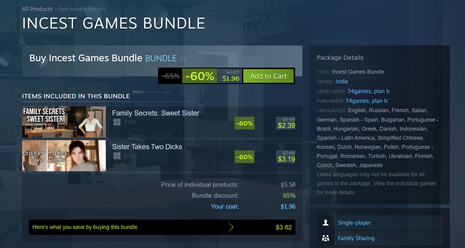Valve sigue alojando este paquete de juegos de incesto, por lo que no queda claro qué juegos sexuales están bien y cuáles considera ofensivos para los procesadores de pagos. 