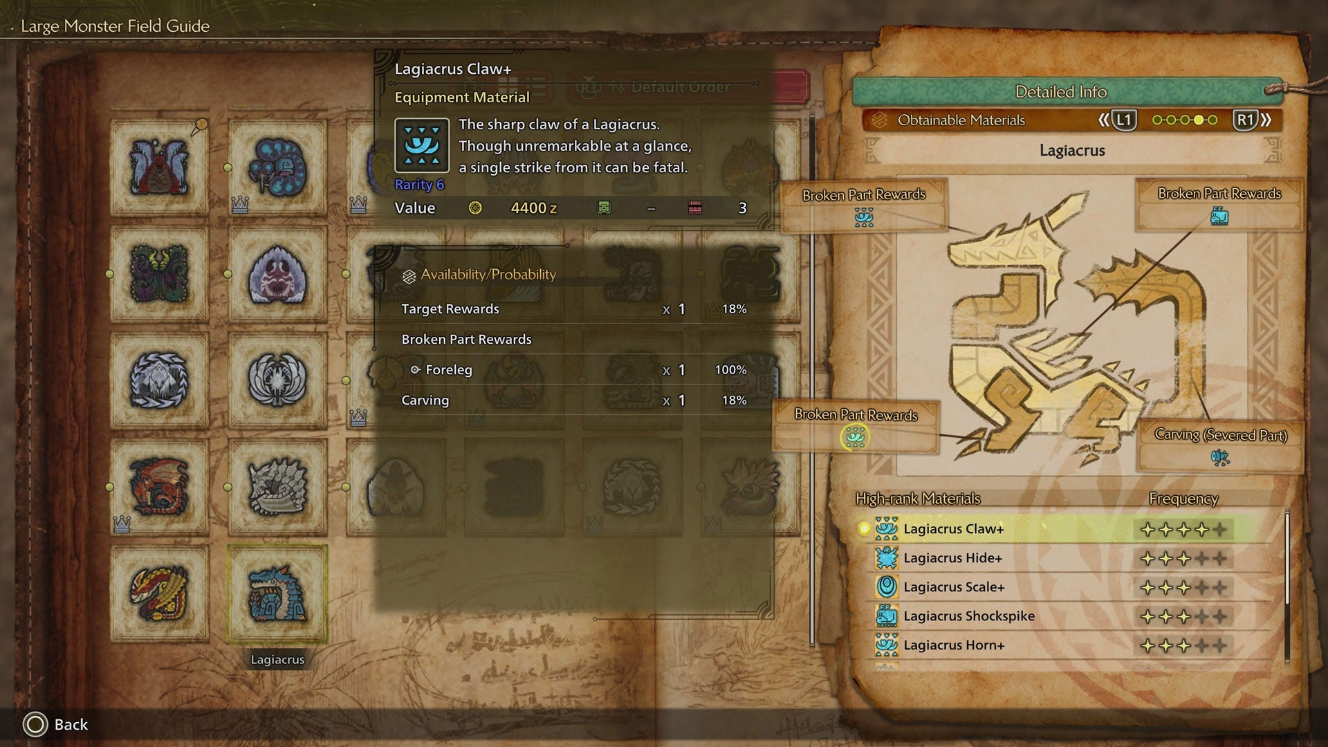 Screenshot: The Obtainable Materials page for Lagiacrus, highlighting the Lagiacrus Claw+ material.