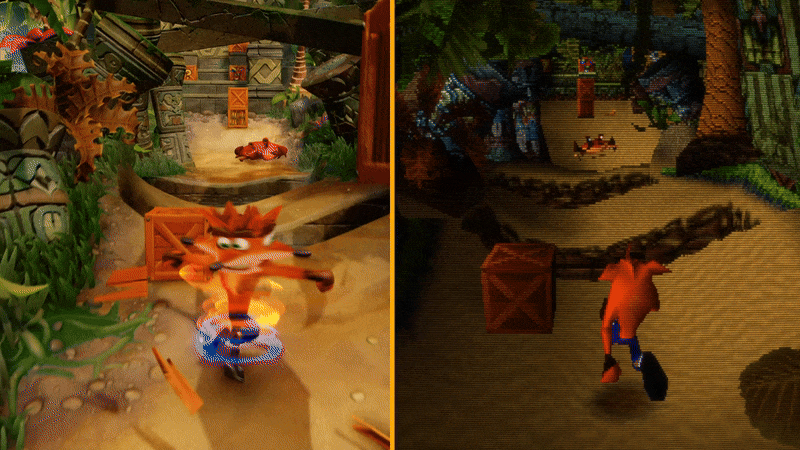 Un GIF lado a lado muestra a Crash Bandicoot saltando en el juego original contra el remake de 2017.